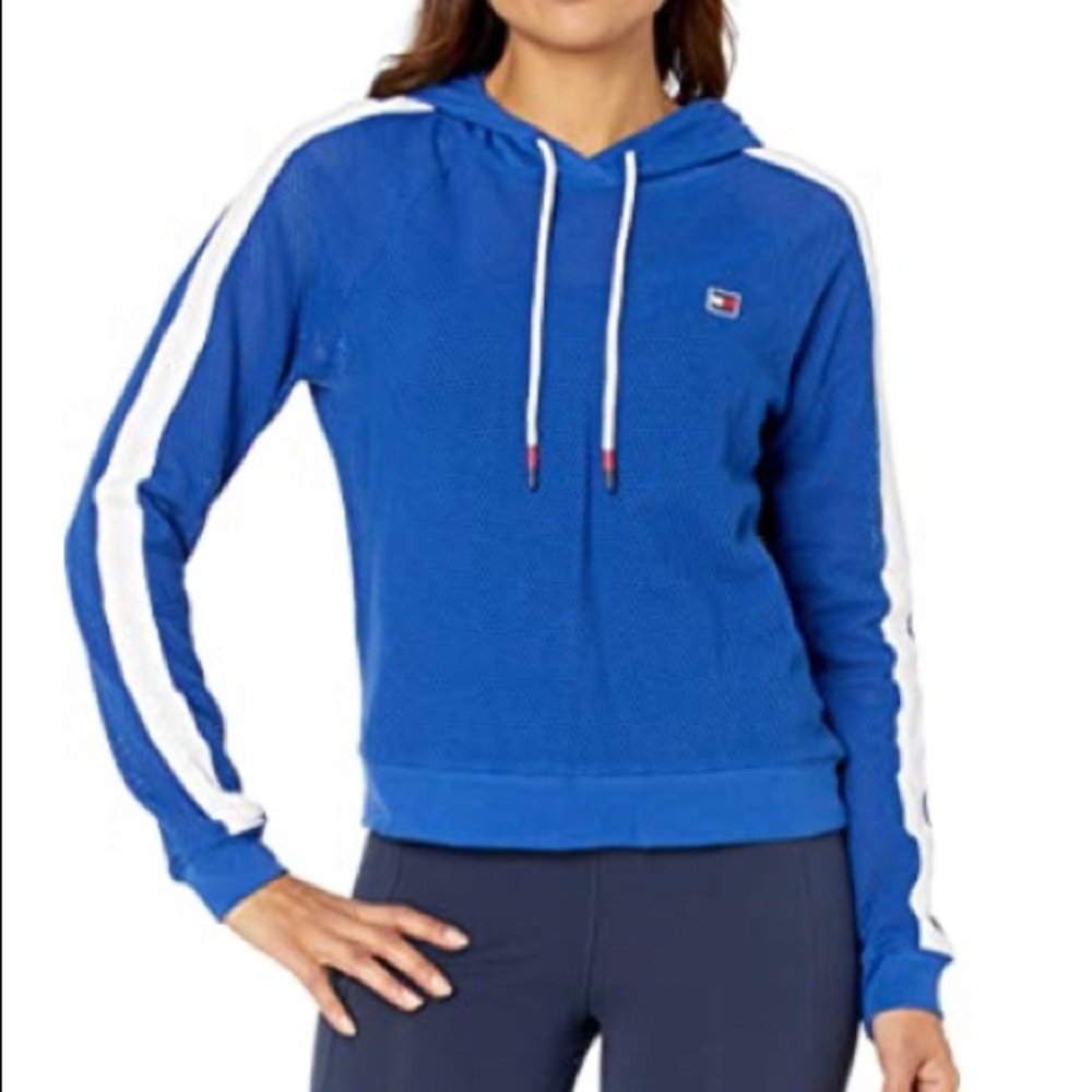 Tommy Hilfiger Blue & White Mesh Cropped Hoodie Pullover Size Small